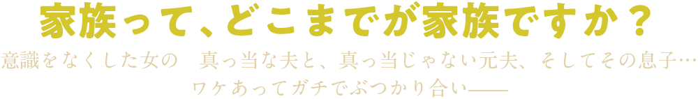 家族って、どこまでが家族ですか？意識をなくした女の　真っ当な夫と、　真っ当じゃない元夫、　そしてその息子…ワケあってガチでぶつかり合い——